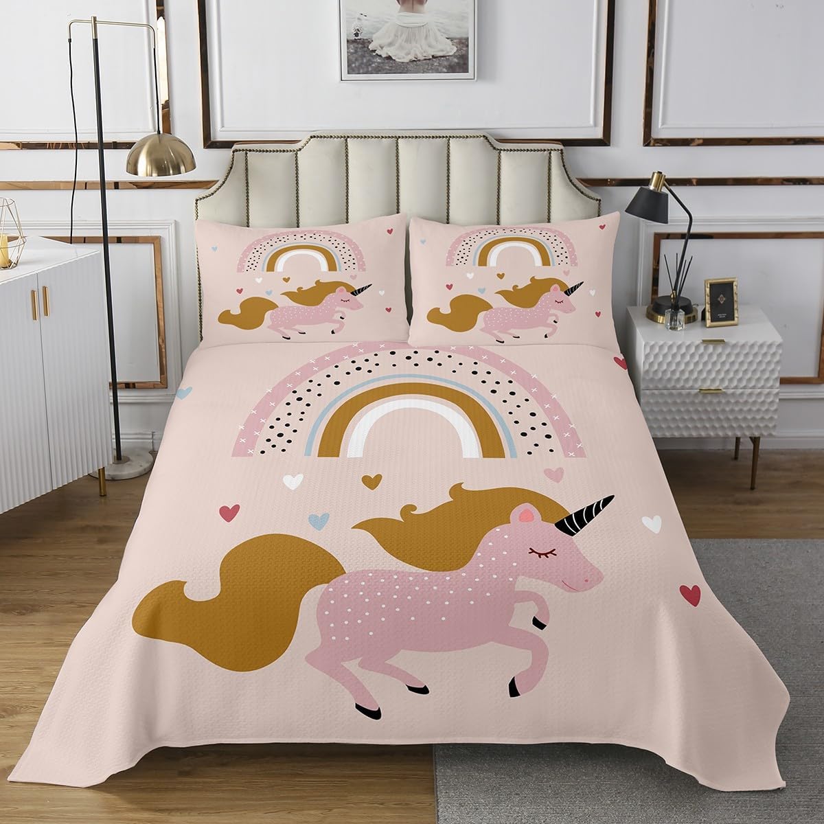 Erosebridal Cute Unicorn Girl Bedspread King Rainbow Unicorn Quilt Set Kawaii Rainbow Heart Pattern Coverlet Set for Kids Teens Girls,Cartoon Princess Style Bedding Quilted