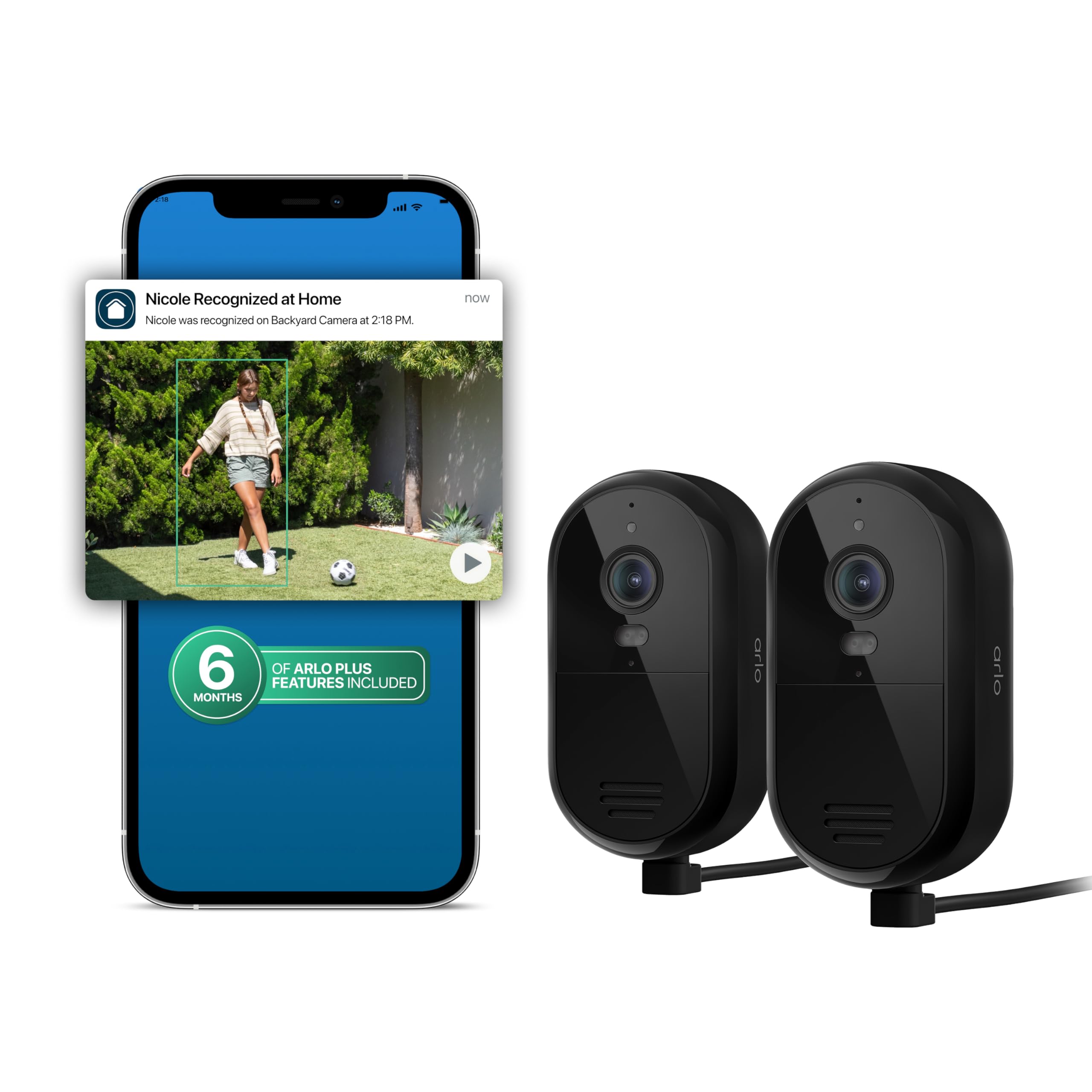 Arlo Essential Security Camera 2K (2025 Release) + 6 Months of Secure Plus Plan - Continuous Wired Plug-in Power Outdoor Camera, Person Recognition, Package Detection, Animated Preview, 2 Cam, Black