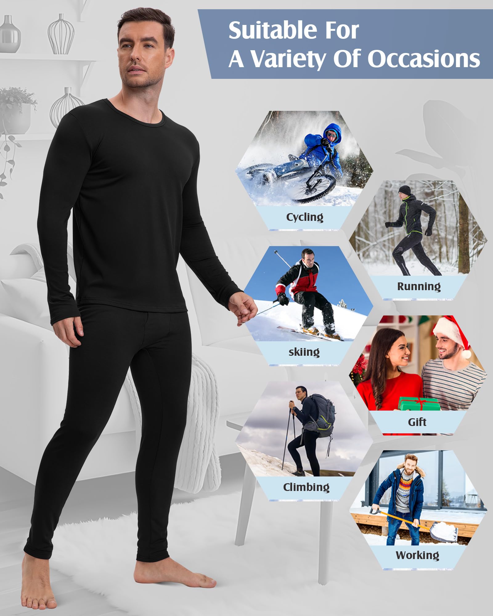 Patelai 3 Sets Men's Thermal Underwear Long Underwear Base Layer with Fleece Lined for Winter Cold Weather