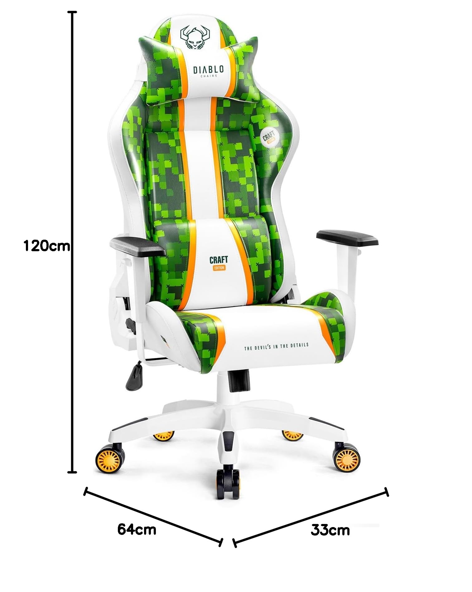 DIABLO Chairs X-One 2.0 Craft Edition Piccola Sedia da Gaming Girevole Sedia da Scrivania Ergonomica con Cuscino Lombare e Poggiatesta Schienale in Ecopelle Regolabile 64x33x120 cm Verde-Bianco