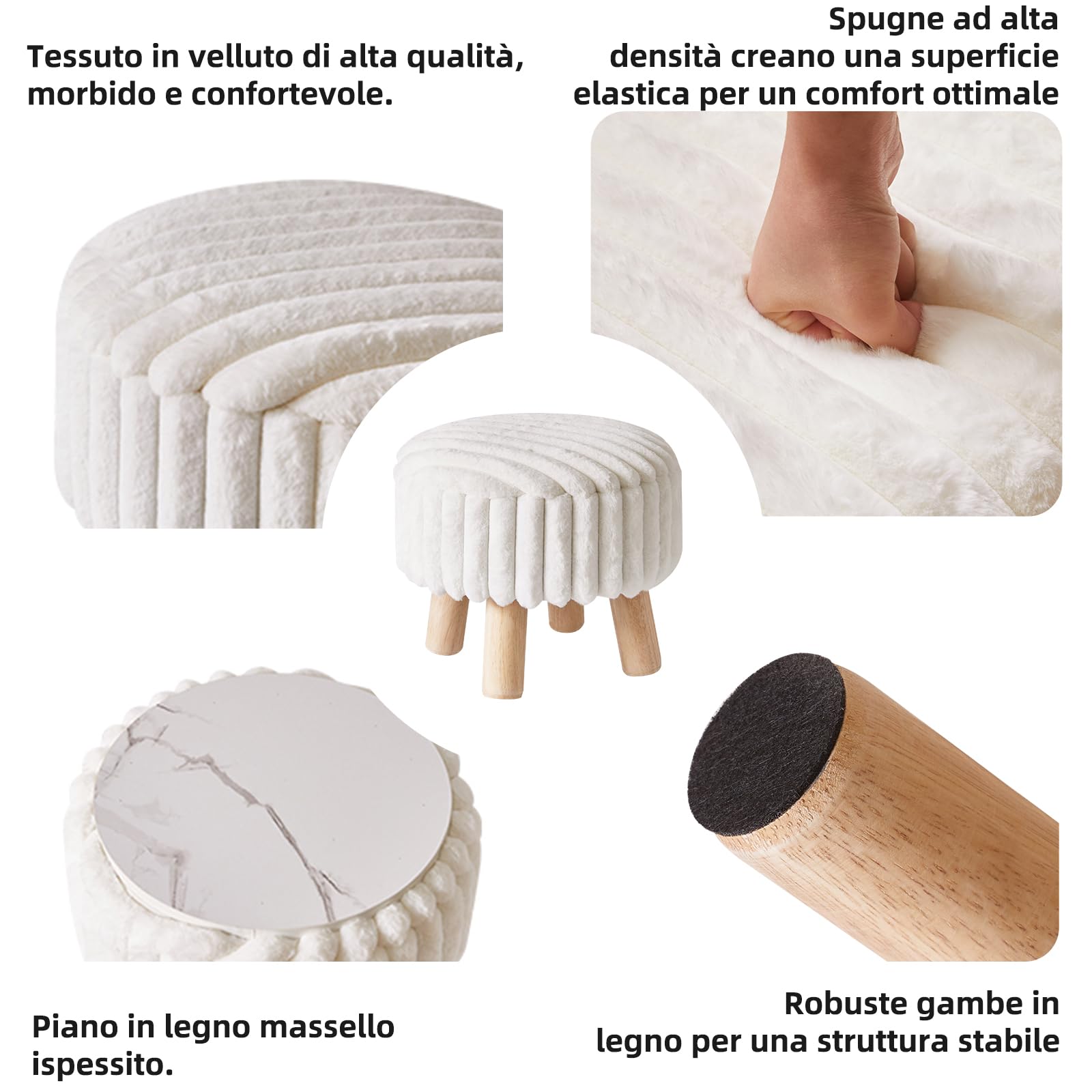 Aibiju Pouf Piccolo con Contenitore, Pouf Rotondo in Velluto con Gambe in Legno, Tavolino, Poggiapiedi, Seduta Extra per Ingresso, Soggiorno, Camera da Letto, Bianco YD-JD153W