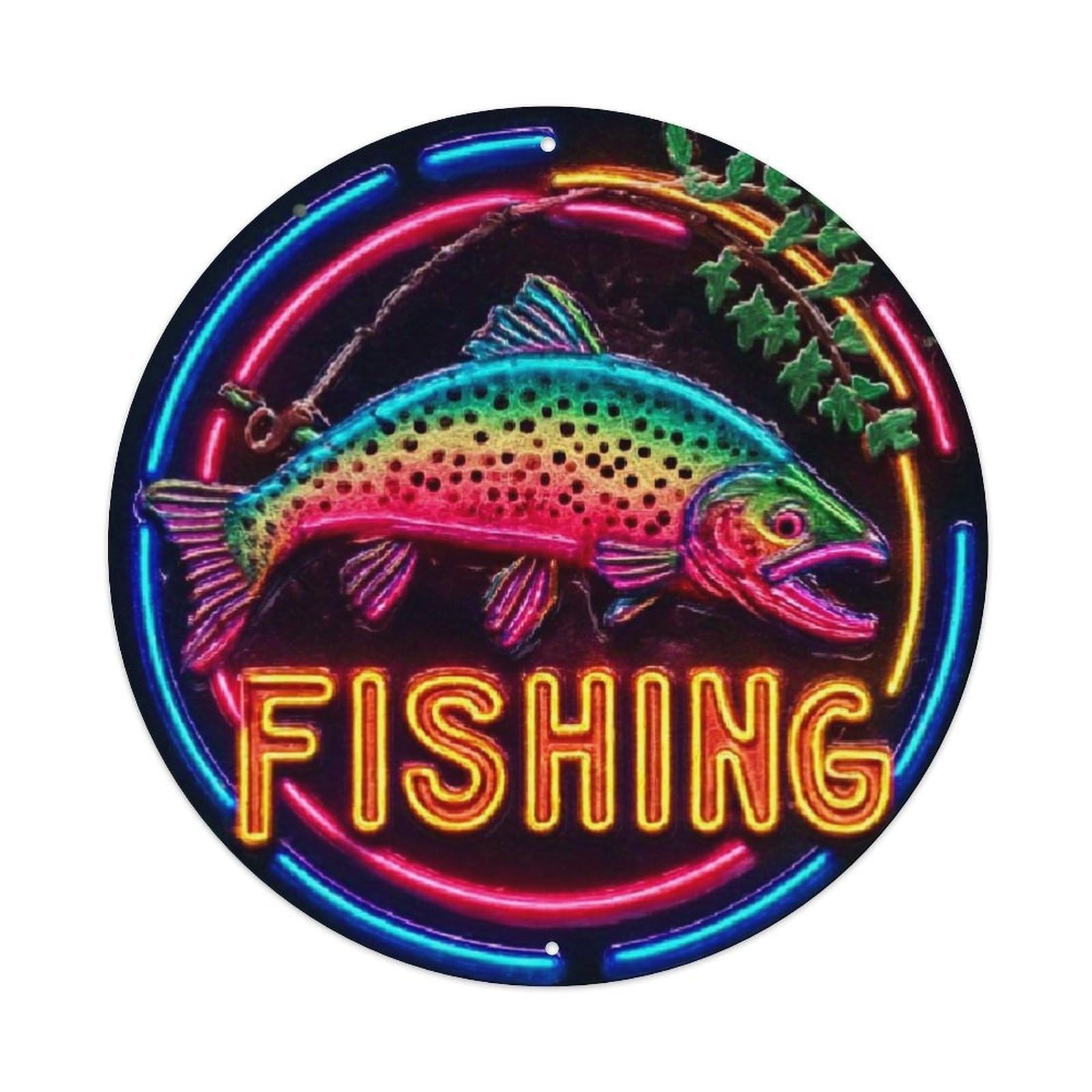 Neon Rainbow Trout Fishing Sign Retro Metal Sign Round Tin Sign, Vintage Decor Art Poster for Bar, Home, Man Cave, Kitchen, Laundry Room Gift 8x8Inch