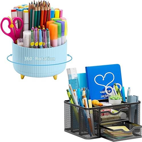 Miniatura 1 de Marbrasse Soporte giratorio de 360 grados para escritorio + organizador de escritorio de malla con 2 cajones