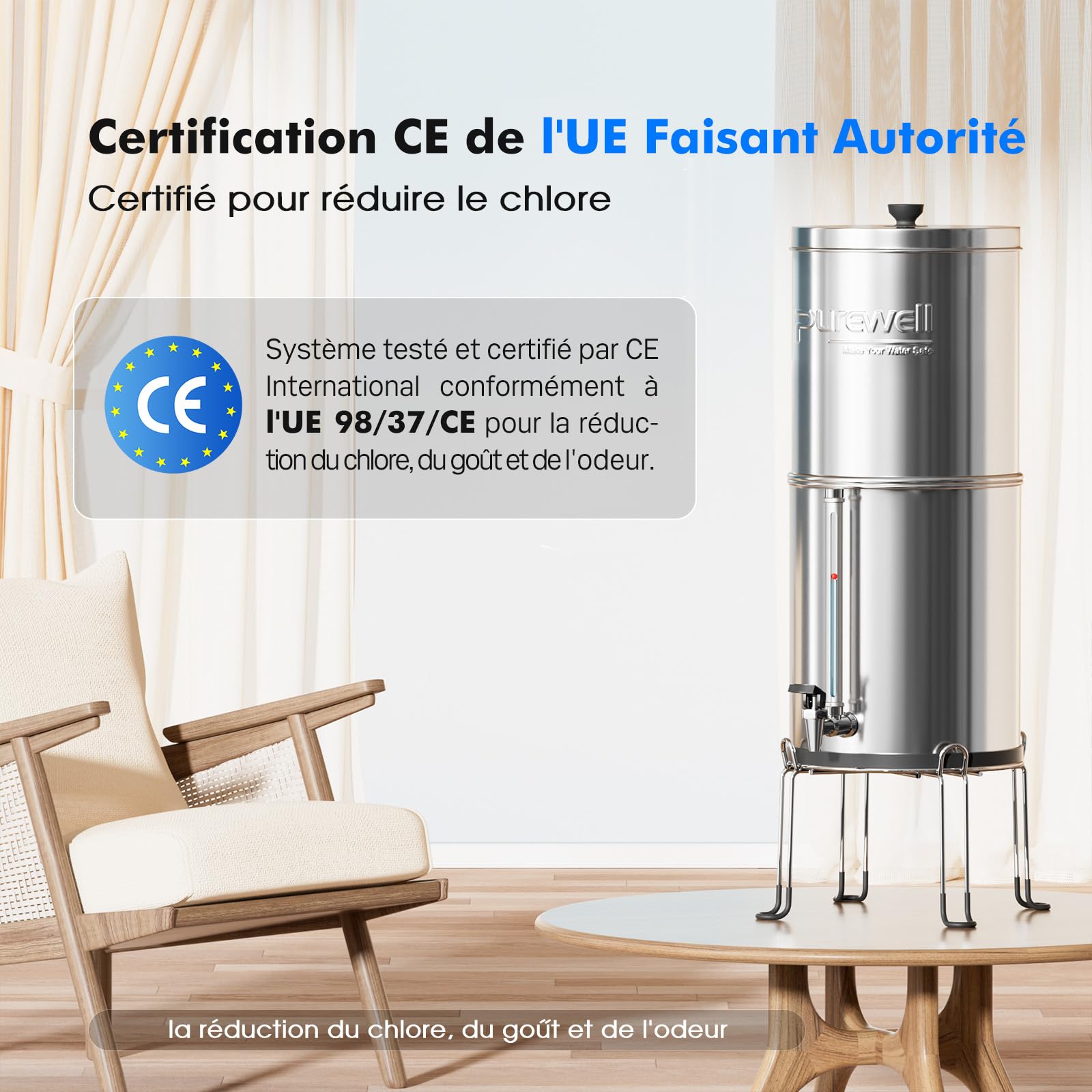 Purewell Filtre à Eau 8,5 litres par Gravité - Cuve Acier Inox 304 + 4 Filtres (Charbon/Fluor) - Robinet Visuel - Élimine 99% Fluorures/Chlore/Métaux - Sans Électricité