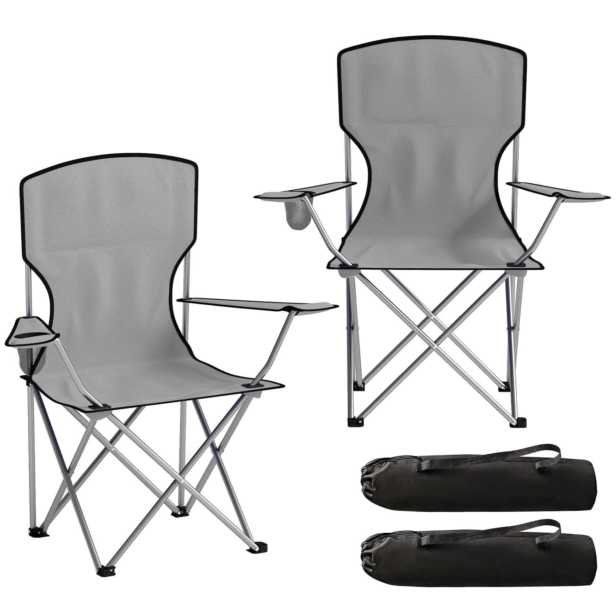 Outsunny Set of 2 Camping Chair for Adults, Portable Folding Camping Chair with Cup Holders and Carry Bag for Garden, Fishing and Sports, 120 kg Capacity, Grey