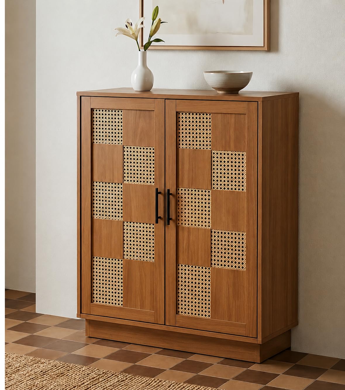 Solid Sheesham Wood Shoe Cabinet with 2 Doors | Wooden Shoe Rack Cabinet with Rattan Cane Design | Entryway Shoe Storage Organizer for Living Room, Hallway & Bedroom | (Honey Finish)-image-48