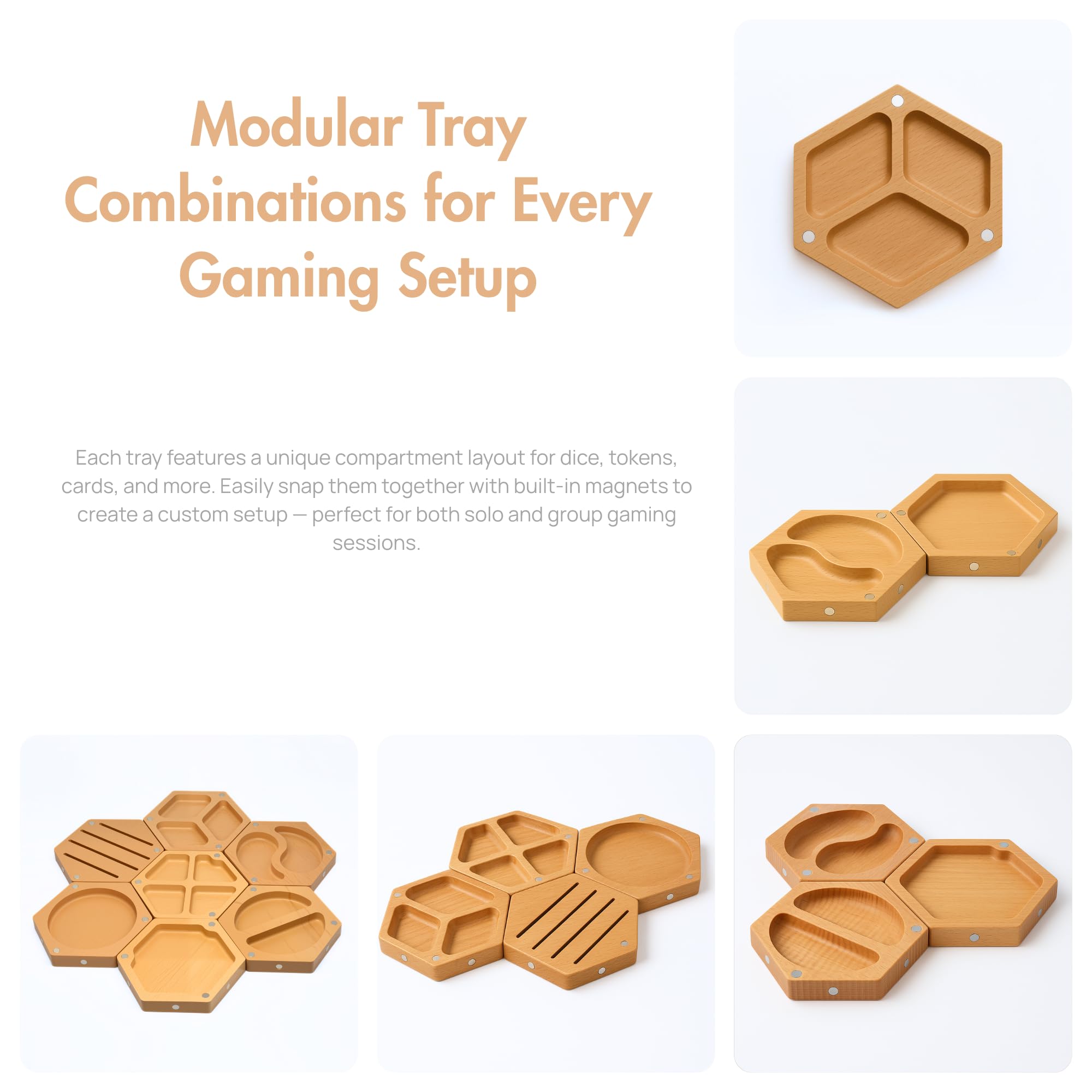 Juego de bandejas magnéticas de madera (7 piezas) | Organizador modular hexagonal para juegos de mesa, dados, tarjetas y miniaturas