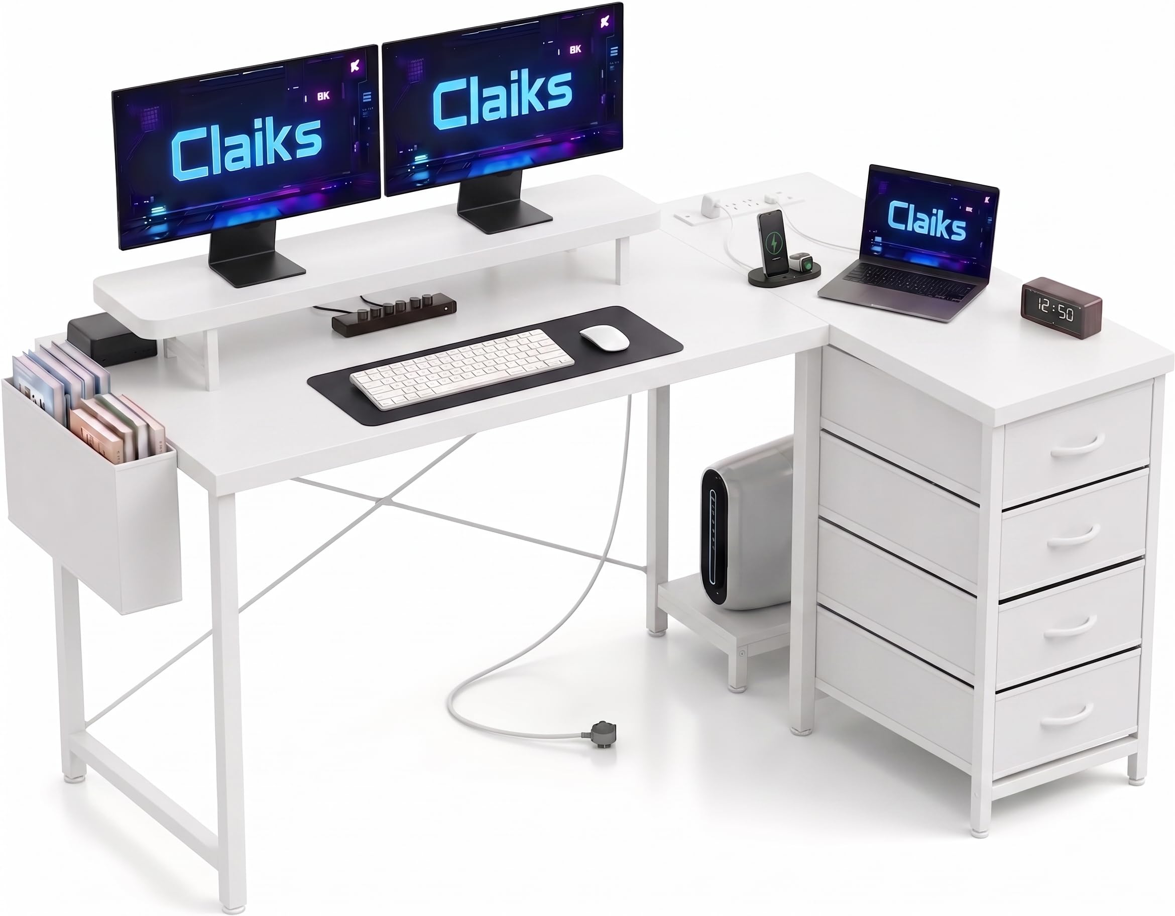 Claiks L Shaped Desk with Drawers, 140x80cm Corner Computer Desk with Power Outlets & USB Ports, Home Office Desk with Storage, Monitor Shelf and PC Holder, White — image 1
