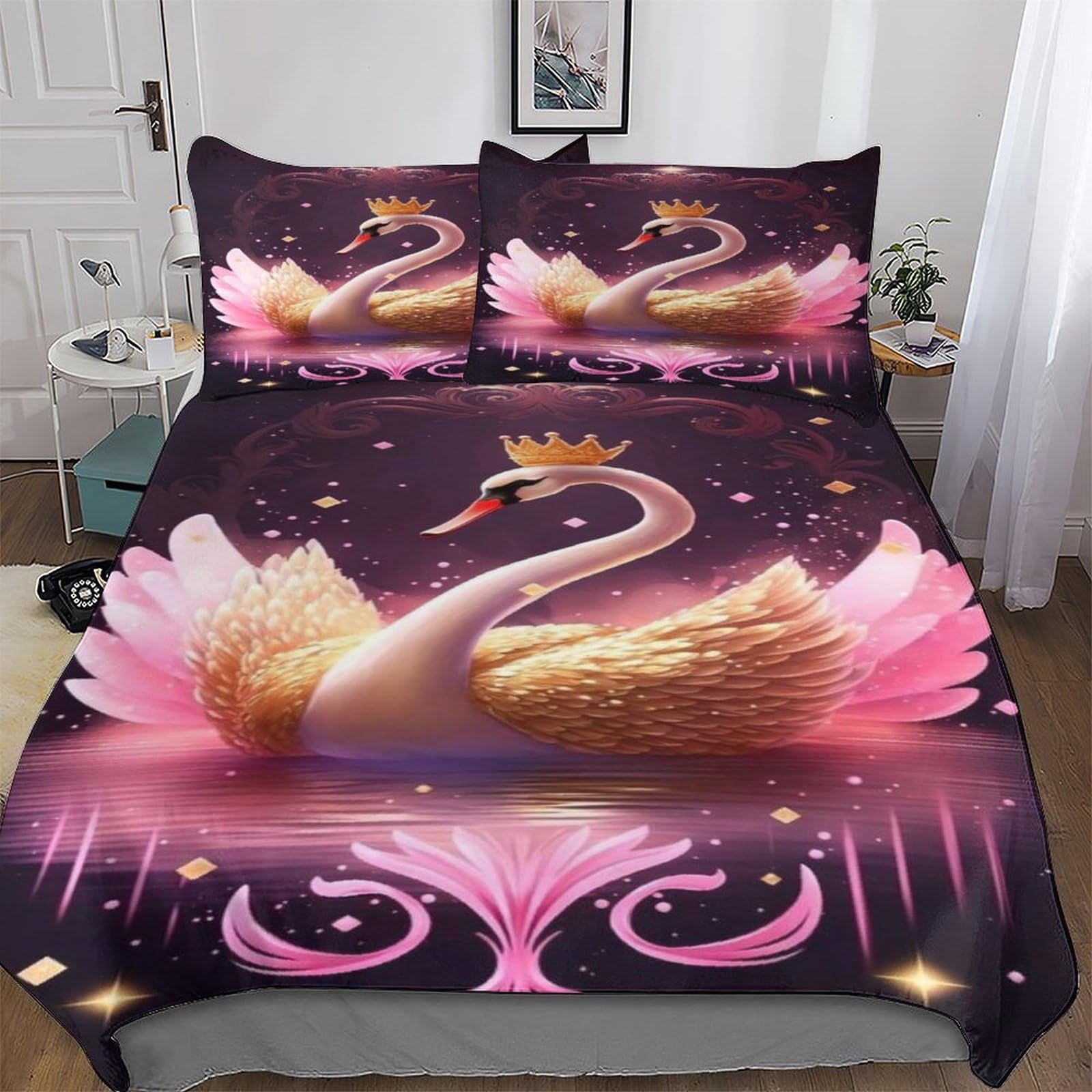 Parure de lit cygne 3D avec housse de couette et taies d'oreiller king size 220x240