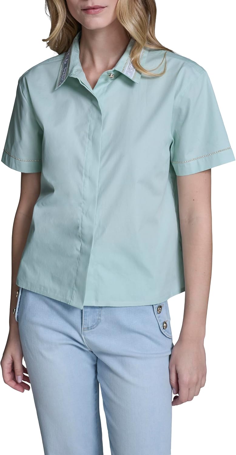 Karl Lagerfeld Women's Short Sleeve Gold Bead Collar Button Down Solid Cropped Blouse