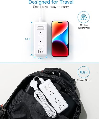 Miniatura 6 de Tira de alimentación de enchufe plano, cable de extensión ultrafino, 6 tomas, 3 puertos USB (2 USB C), extensor de salida múltiple de 5 pies con