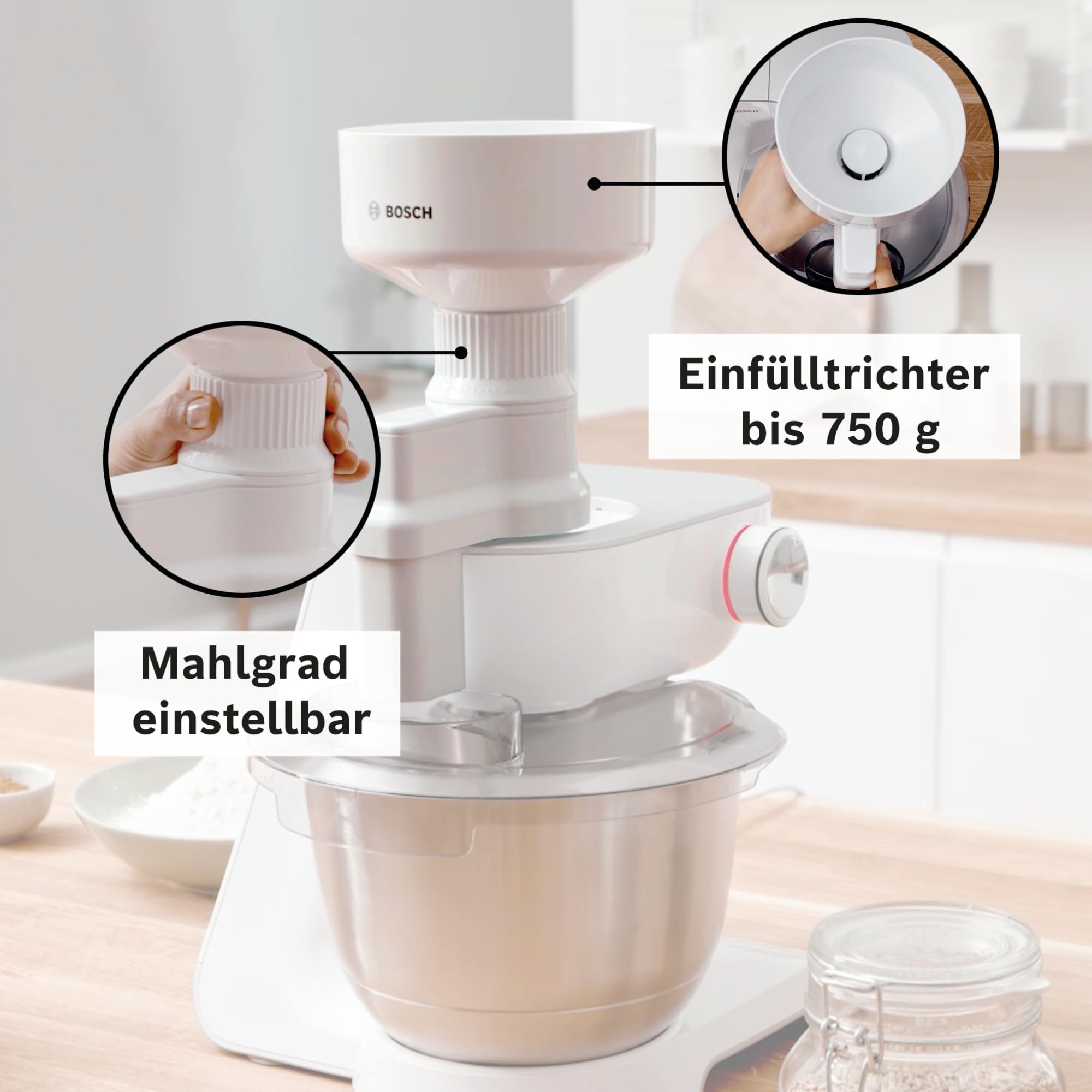 Bosch Getreidemühle MUZ5GM1, Zubehör passend für Küchenmaschine Serie 4, Serie 2, stufenlos, für alle Getreidesorten (außer Mais), auch für Ölsaaten, weiß
