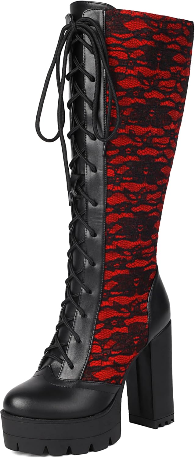 BEAUPAS Women's Lace Knee High Platform Boots Chunky Block Heel Gothic Lace-Up Combat Boots