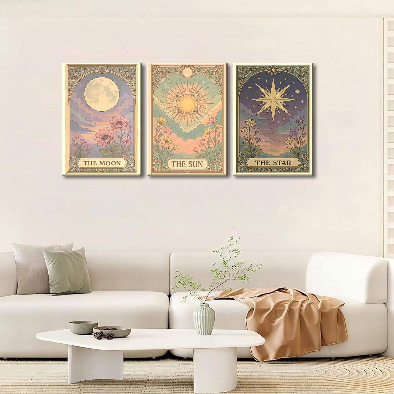 Tiexiku 3Pcs Sun Star Celestial Canvas Wall Art Vintage Tarot Astrology Wall Decor Picture Full Moon Lotus Posters Painting Prints for bedroom Living Room Apartment Bath Study Home Decoration