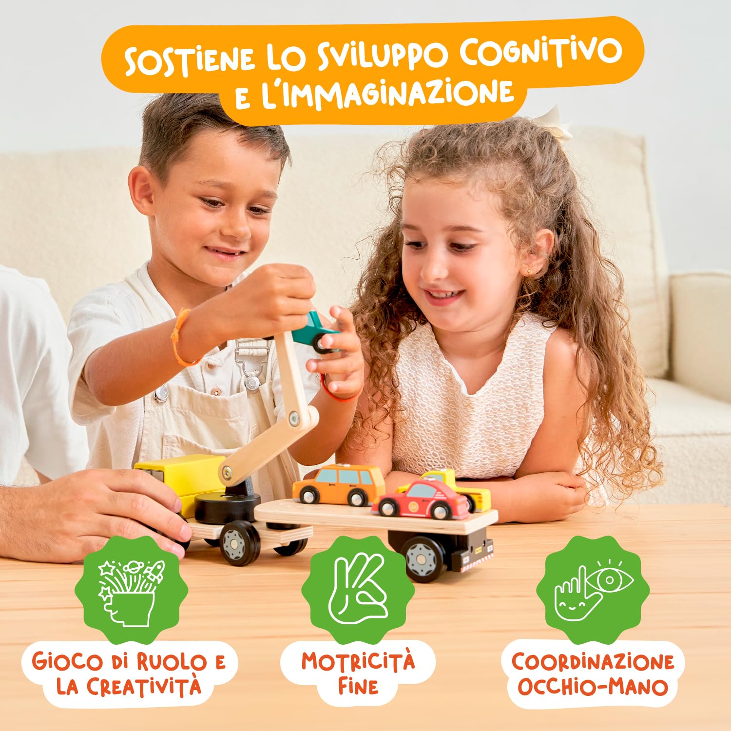 Nene Toys Camion Magnetico in Legno con 4 Auto e Rimorchio Staccabile – Giocattolo per Bambini 2+ Anni con Gru Interattiva – Gioco Educativo e Creativo – Macchinine e Veicoli Maschi Femmine 2 3 4 Anni
