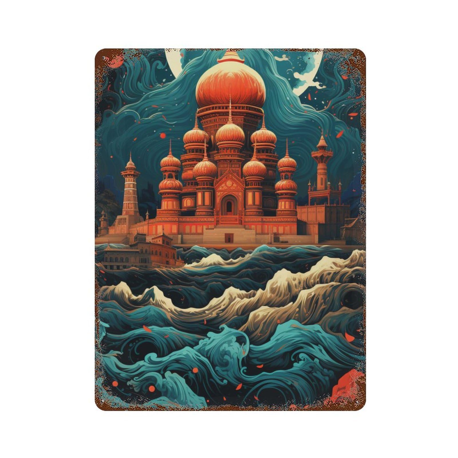 Garage Style Fantasy Castle in The Sea Vintage Rust Metal Sign 15.7"x11.8", Novelty Wall Decor for Bar And Workshop