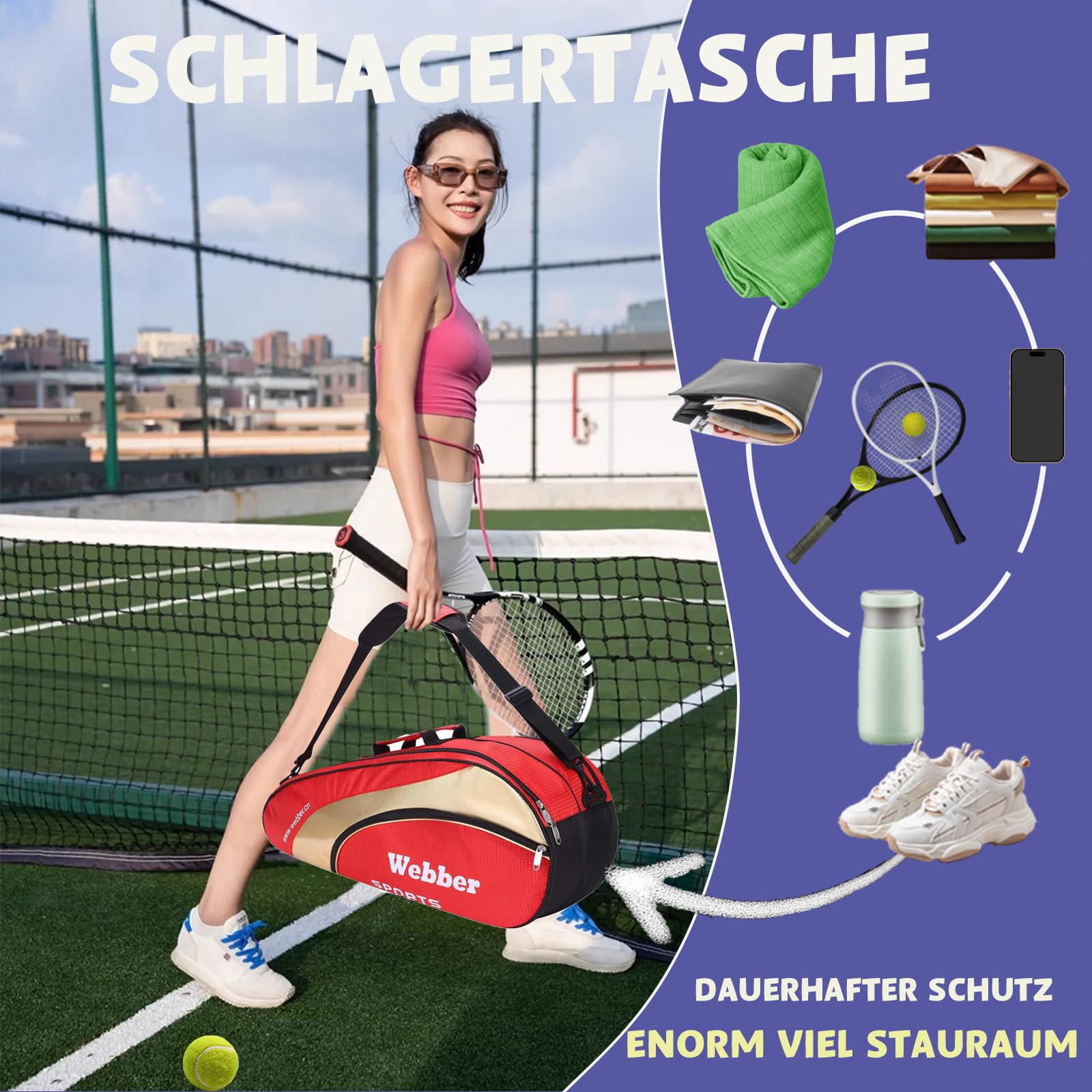 XGOPTS Tennistasche Premium Schlägertasche Tennis Squash Schläger Tasche Große Kapazität Tennisrucksack Herren Damen Tennistasche Schwarz