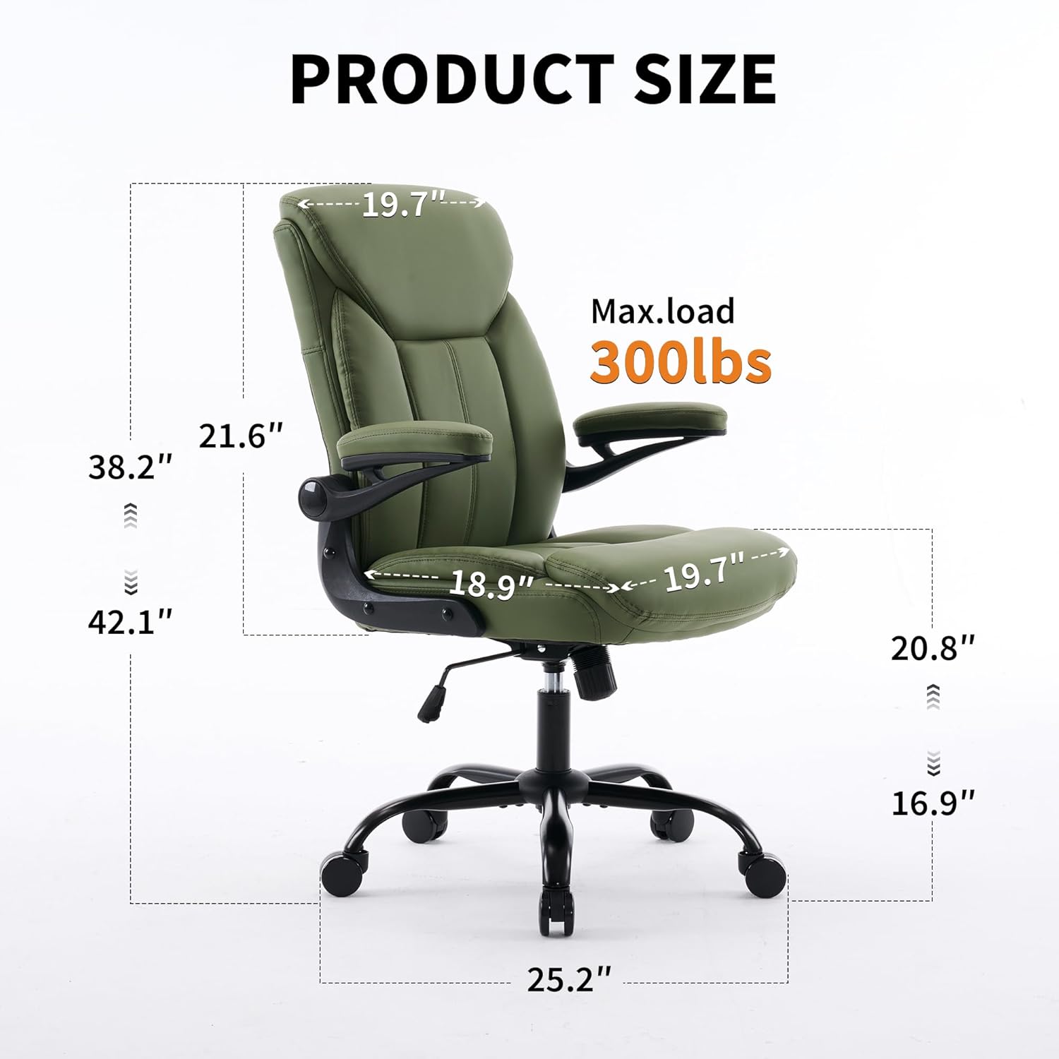 Home Office Ergonomic Desk Chair - Comfy Leather Executive Chair with Flip-Up Armrests, Height Adjustable Computer Chair for Gaming, 360° Swivel & Rocking (Green)