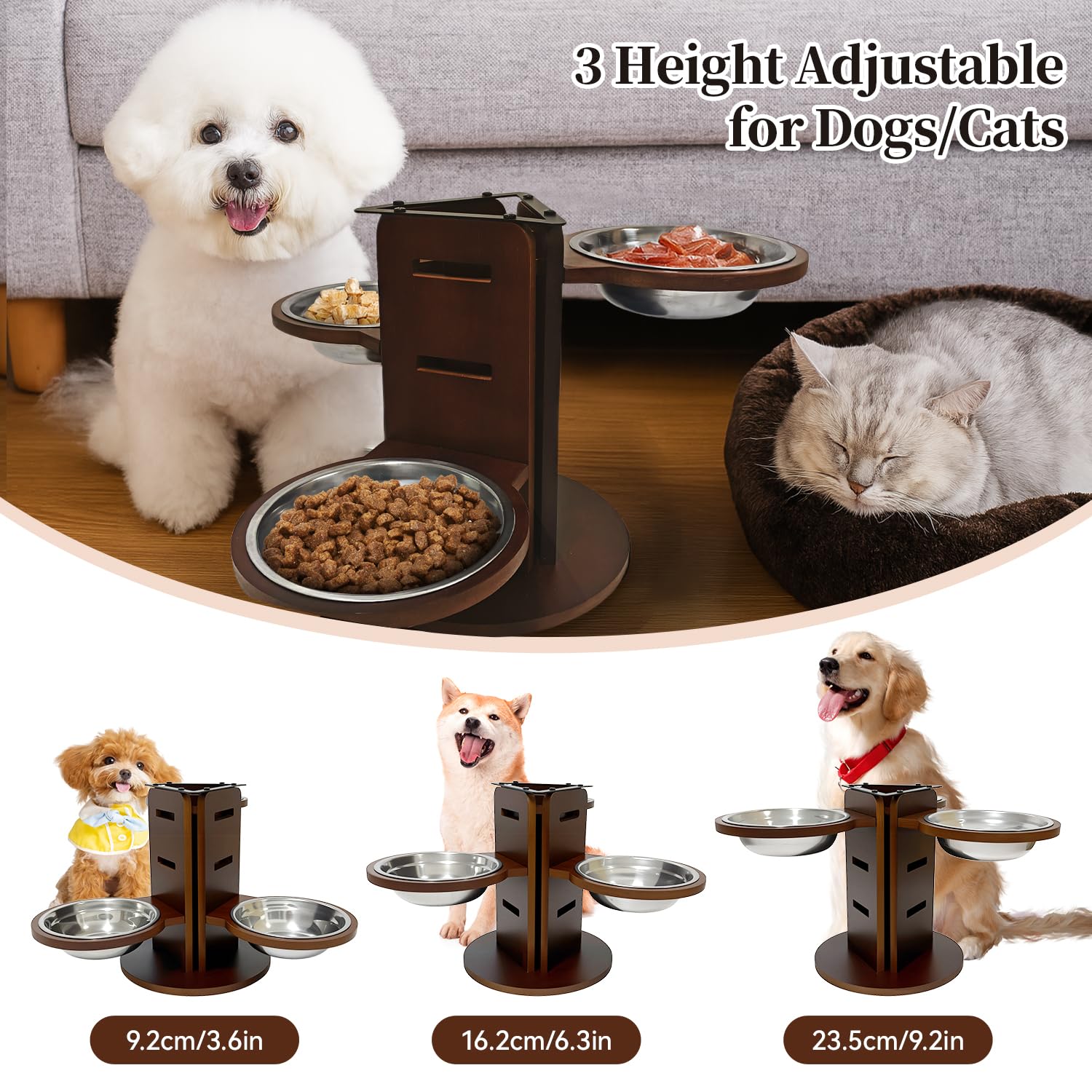 Lot de 3 Gamelles Surélevées pour Chien, Réglables sur 3 Niveaux (9,2-23,5 cm), Support en Bambou sur 3 Côtés, 3 Gamelles en Acier INOX de 650 ML, Fond Antidérapant de 25 cm, pour Plupart des Chiens
