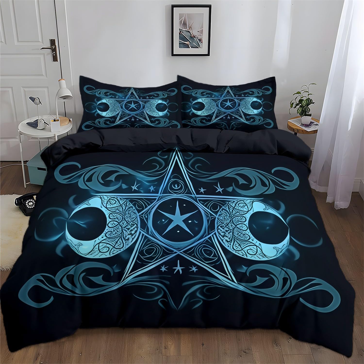 Poszwa na kołdrę 230 cm x 220 cm czarna pięcioramienna gwiazda fantasy księżyc dwustronny 3-częściowy zestaw pościeli łatwy w pielęgnacji, miękka oddychająca poszwa na kołdrę na wszystkie pory roku