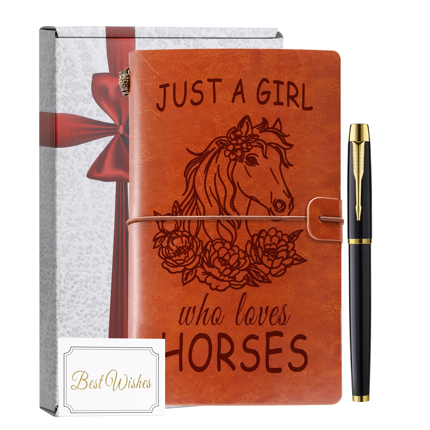 Diario in pelle con penna, con scritta "Just A Girl Who Loves Horses", regalo per ragazze e amanti dei cavalli, taccuino ricaricabile in pelle, quaderno da disegno, diario di viaggio