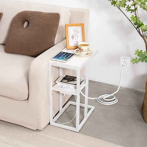 Miniatura 33 de Yoobure Mesa auxiliar en forma de C con estación de carga para sala de estar, dormitorio, mesa de sofá con puertos USB y salidas para espacios