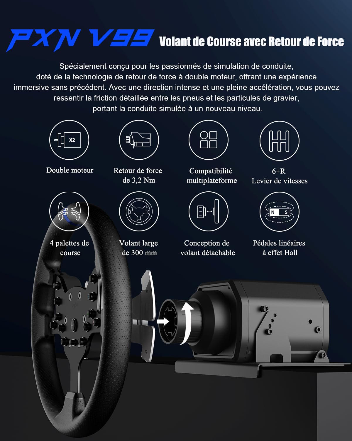 PXN V99 Volant de Jeu – Retour de Force 3,2 Nm, 270°&900°, 300mm, 4 Palettes, 3 Pédales, Levier de Vitesses en H, Application de Réglage – Volant pour PC, Xbox, PS4