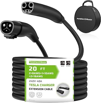 20ft Tesla Charger Extension Cable 48A 240V for Model 3/Y/S/X | 48A 240V 11.5kW full-speed charging with zero power loss