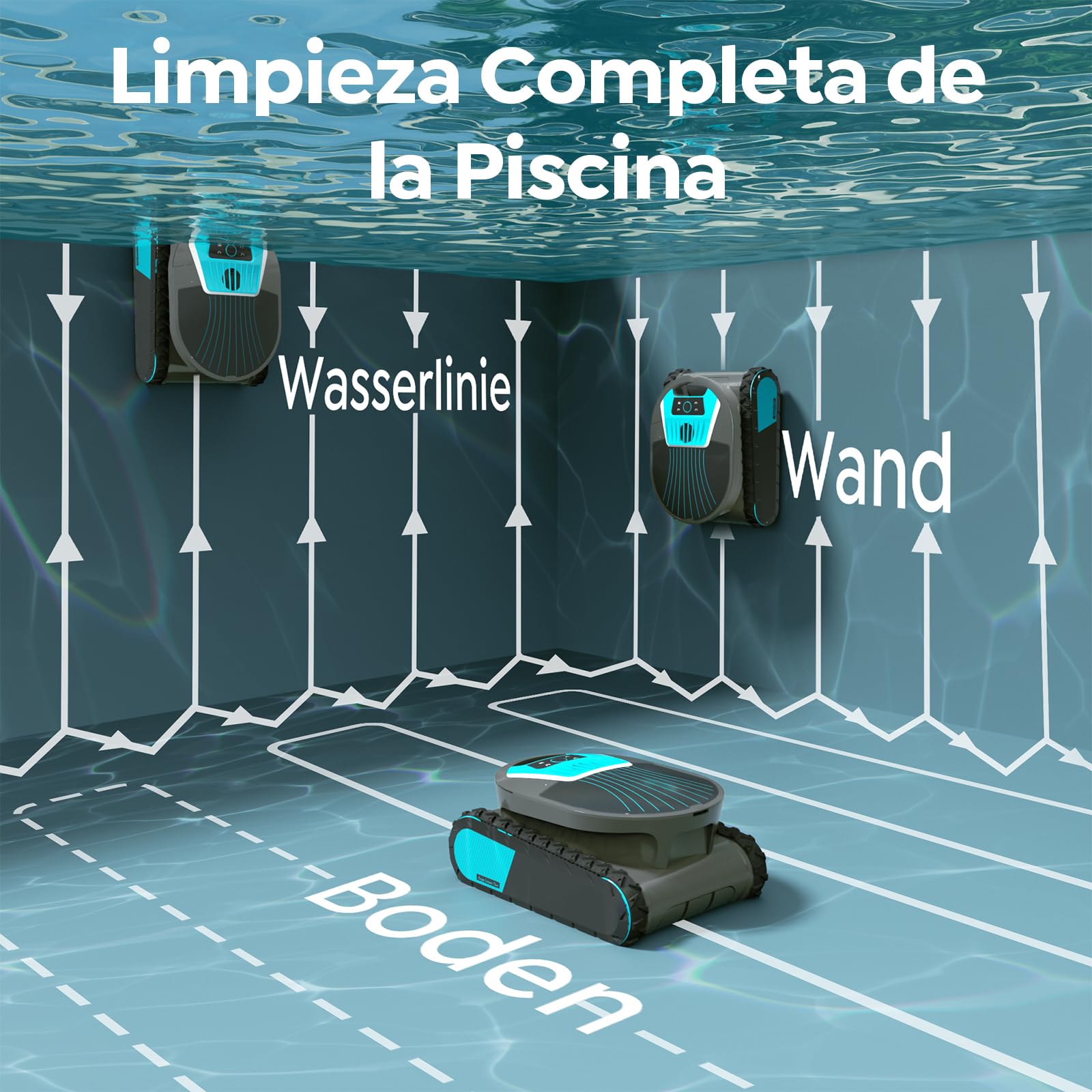 Pleco Pro Robot Limpiafondos Piscina, Autonomía 210 Min, Doble Filtro, 7 Modos, Control App, Limpiafondos Piscina Automático, 200 m²,Grafito