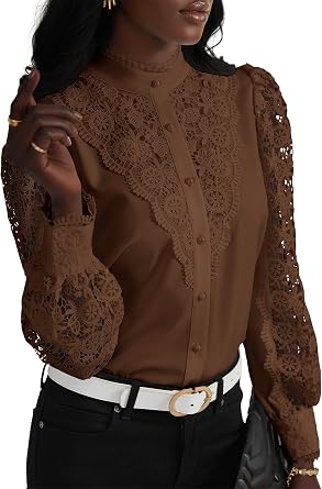 Rooscier Womens Lace Elegant Dressy Blouse Mock Neck Long Sleeve Button Down Work Business Crochet Shirt Top