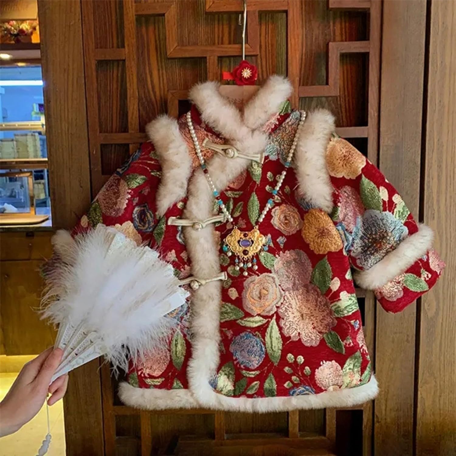 Toddler Baby Girls Tang Coat Fleece Lined Jacket New Year Furry Trim Traditional Embroidered Bow Button Clothes Kids Outwear