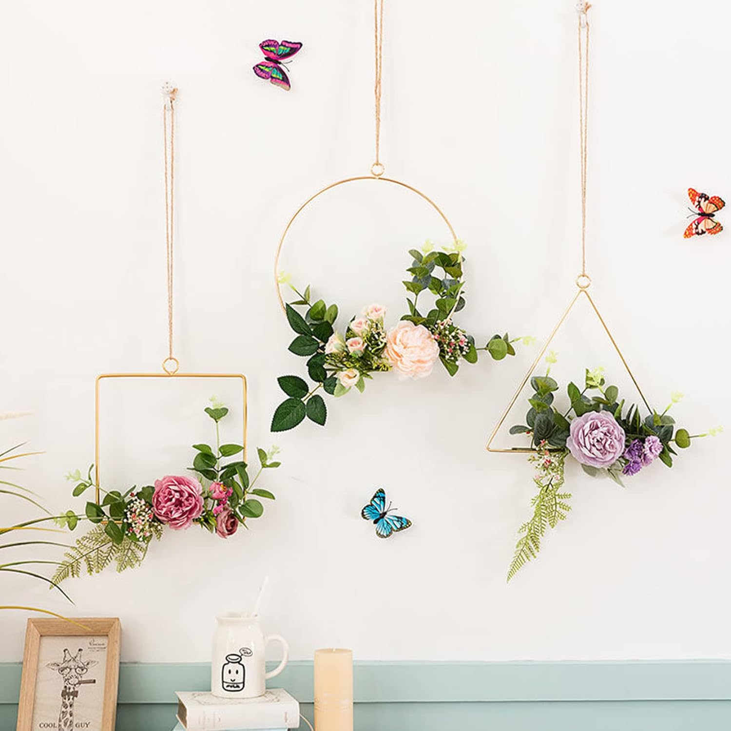 Artificial Flower Hoop Wreath Hanging Flower Wreath Floral Hoop with Flower Wall Wreath for Wall Art Decoration 3PCS Three Colors Camellia Garlands