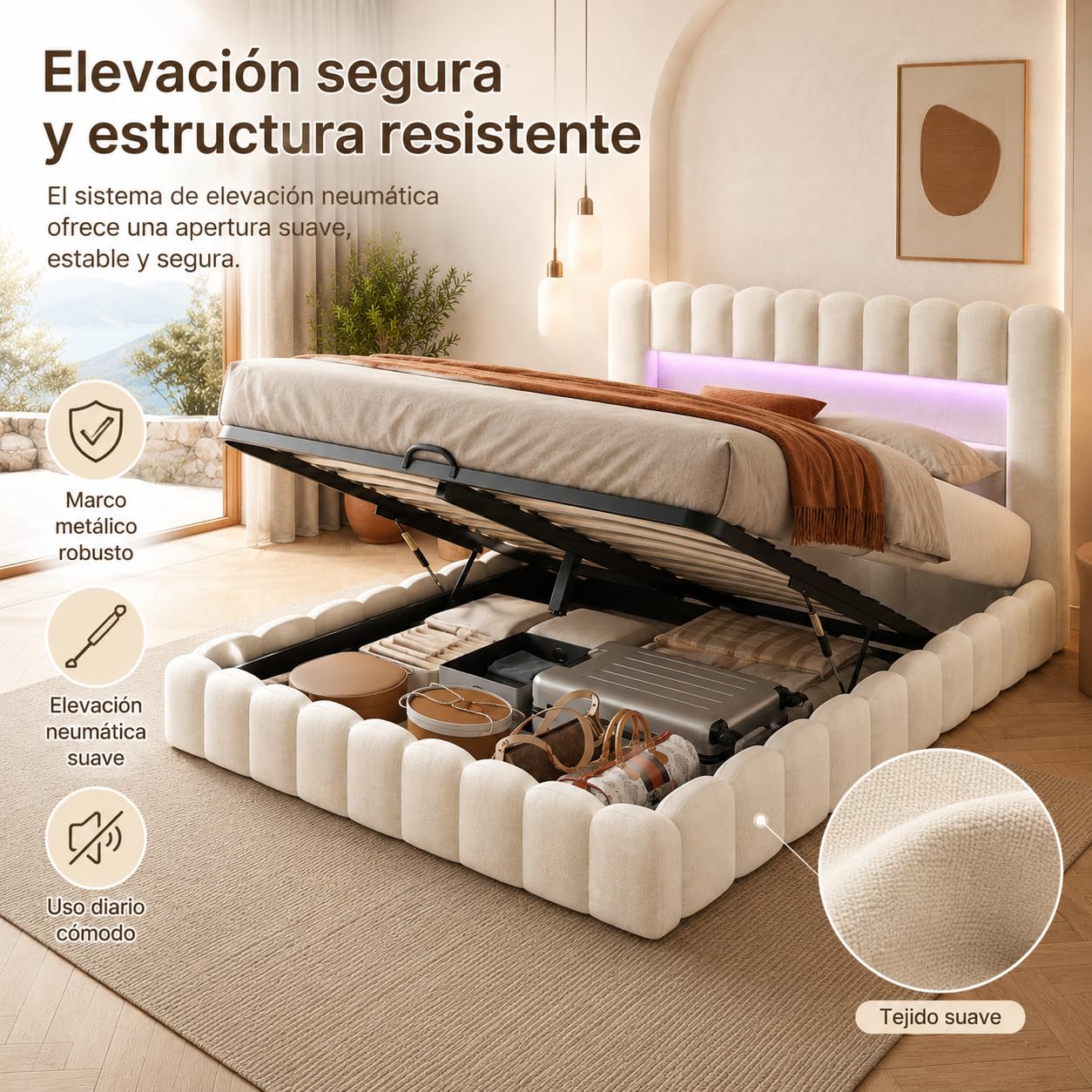 Cama Canapé Abatible 180x200cm con Almacenaje Hidráulico, Cama Matrimonio Tapizada con LED, USB y Tipo C, Cabecero Acolchado con Estante, Somier de Láminas Incluido, Lino Beige, Sin colchón