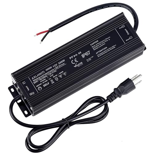 Waterproof IP67 LED Transformer - 250W 12V, 110V AC to 12V DC Low Voltage Output with 3-Prong Plug, 3.3 Feet Cable for LED Light, Computer Project, Outdoor Light