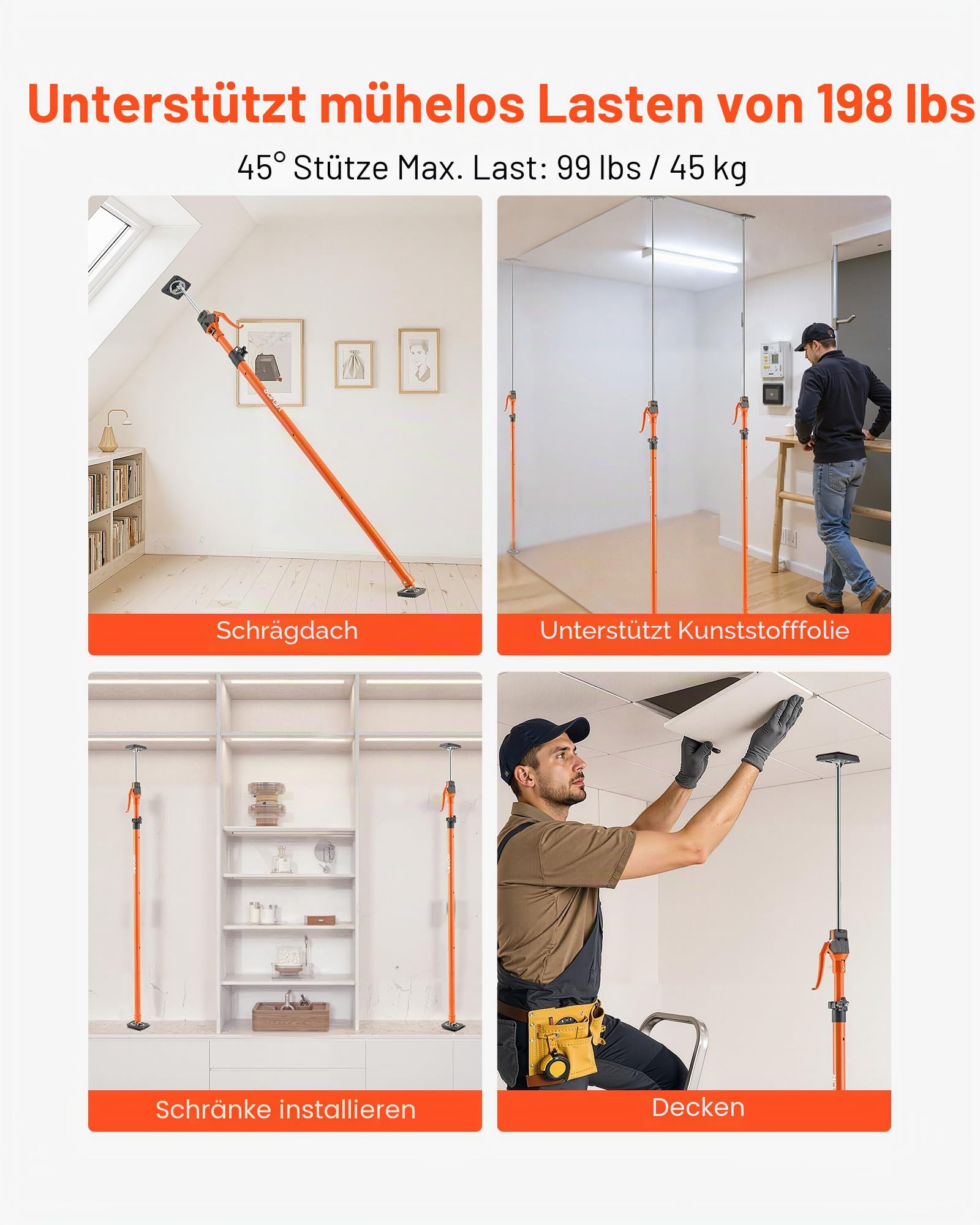 VEVOR Einhandstütze, 4 Stk., Deckenstütze 125–291cm, Teleskopstütze aus Stahl, Montagestütze bis zu 90kg Kapazität zum Installieren von Schränken, Anheben von Trockenbauwänden, Frachtstangen