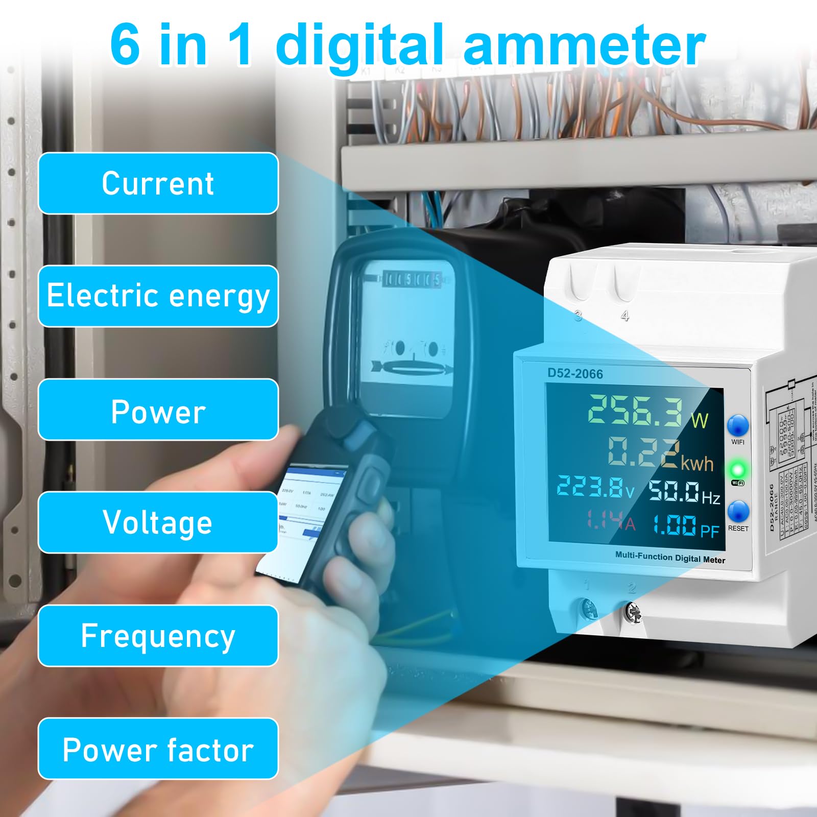 Jednofazowy licznik energii elektrycznej WiFi, 6 w 1 wielofunkcyjny miernik licznika prądu przemiennego 40-300 V 100 A amperomierz elektryczny woltomierz DIN z wyświetlaczem LCD