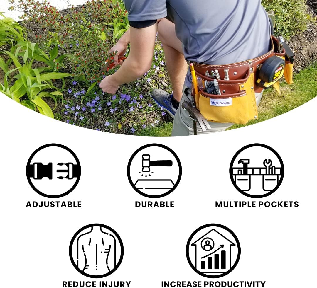 R Dawg 11-Pocket Suede Leather Tool Belt - Heavy Duty Leather Tool Belt - 2 Steel Hammer Loops & Measuring Tape, 4 Large Pockets - - 