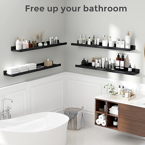Miniatura 3 de Fun Memories Estantes flotantes montados en la pared de 36 pulgadas de largo, estantes negros para pared con repisa, estantes de pared de madera