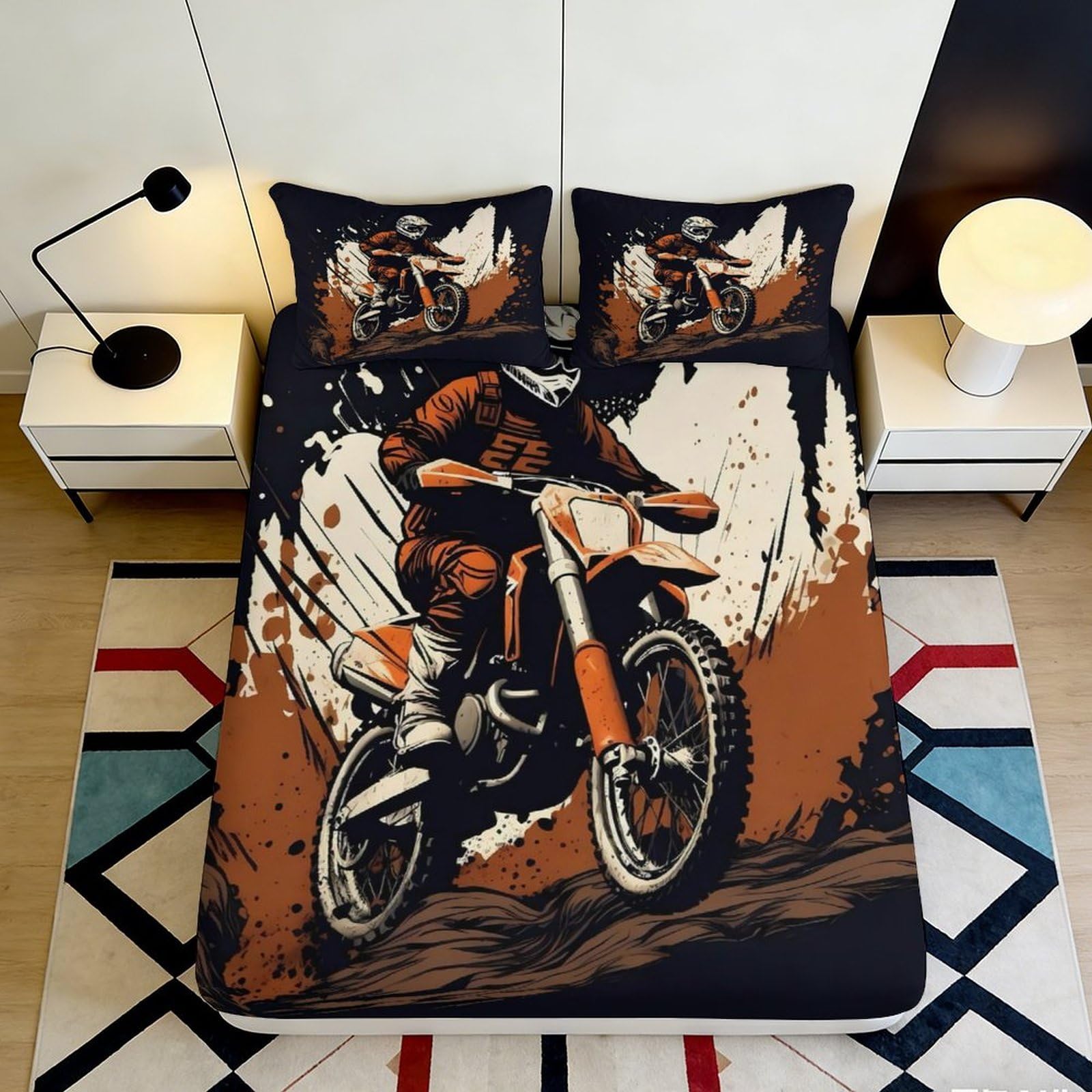 Pnayamiorkfel Style-2 3D Printed Motocross Rider Fitted Sheet Microfiber Orange Black Dirt Bike Bed Cover For Bedroom Guest Room Decor Protection 90X200x25cm
