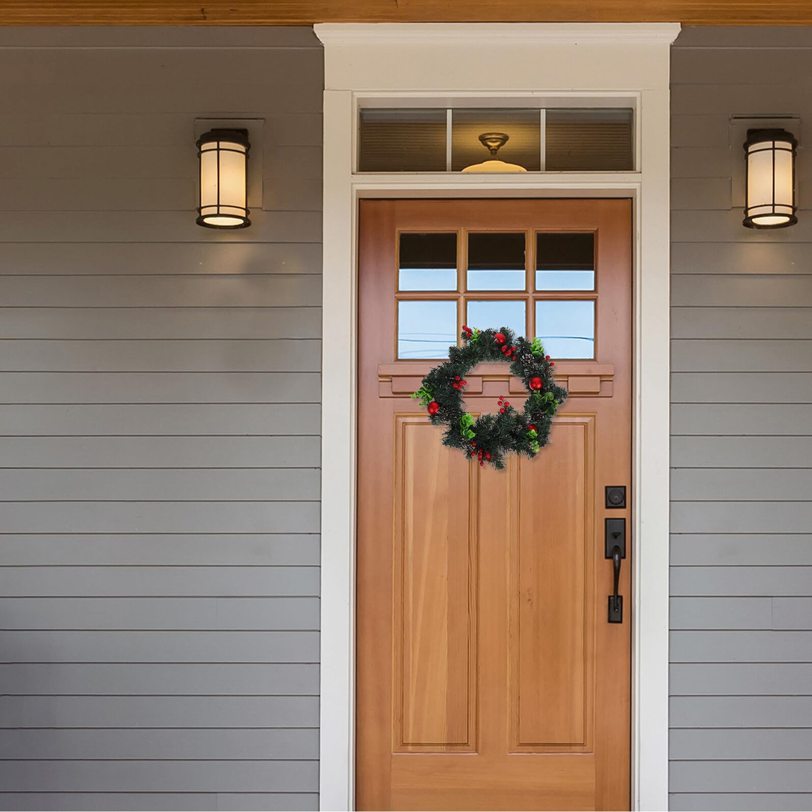 Cabilock Navideña Artificial LED con Bayas Rojas Piñas Bolas y Agujas de Pino para Puerta Frontal Pared o Ventanas Decoración Exterior Interior para Fiestas