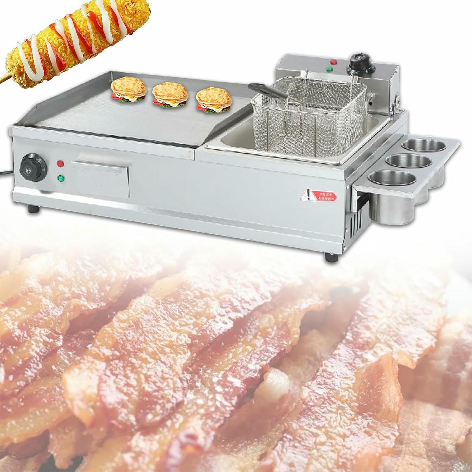 FHRKA Commercial Electric Griddles Large, Griddle Flat Top Grill with Deep Fryer, Countertop Griddle Stainless Steel Grill (Large)