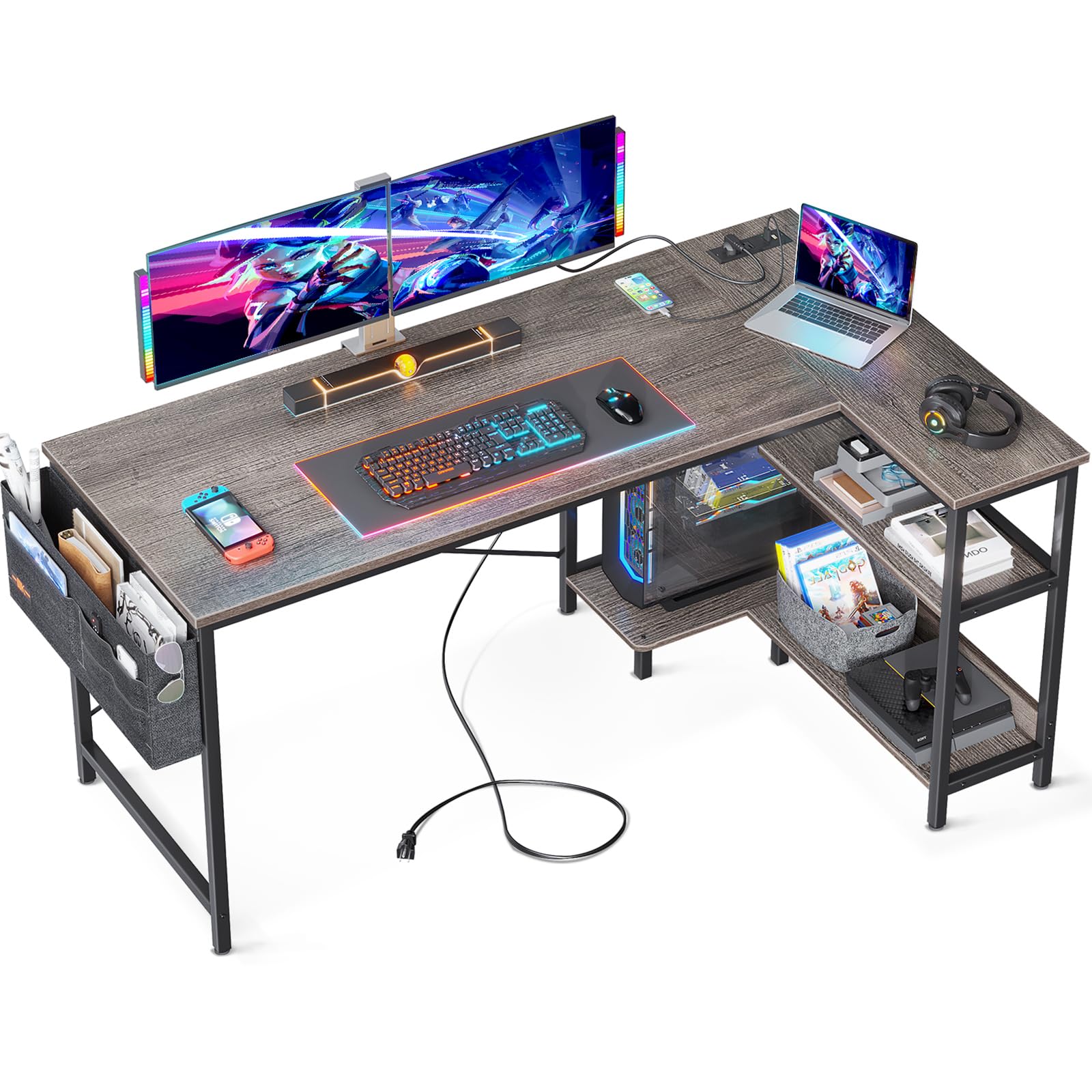 ODK 55 Inch Small L Shaped Computer Desk with Power Outlets, Corner Desk with Reversible Storage Shelves & PC Stand for Home Office Workstation, Modern Simple Writing Study Table, Grey Oak