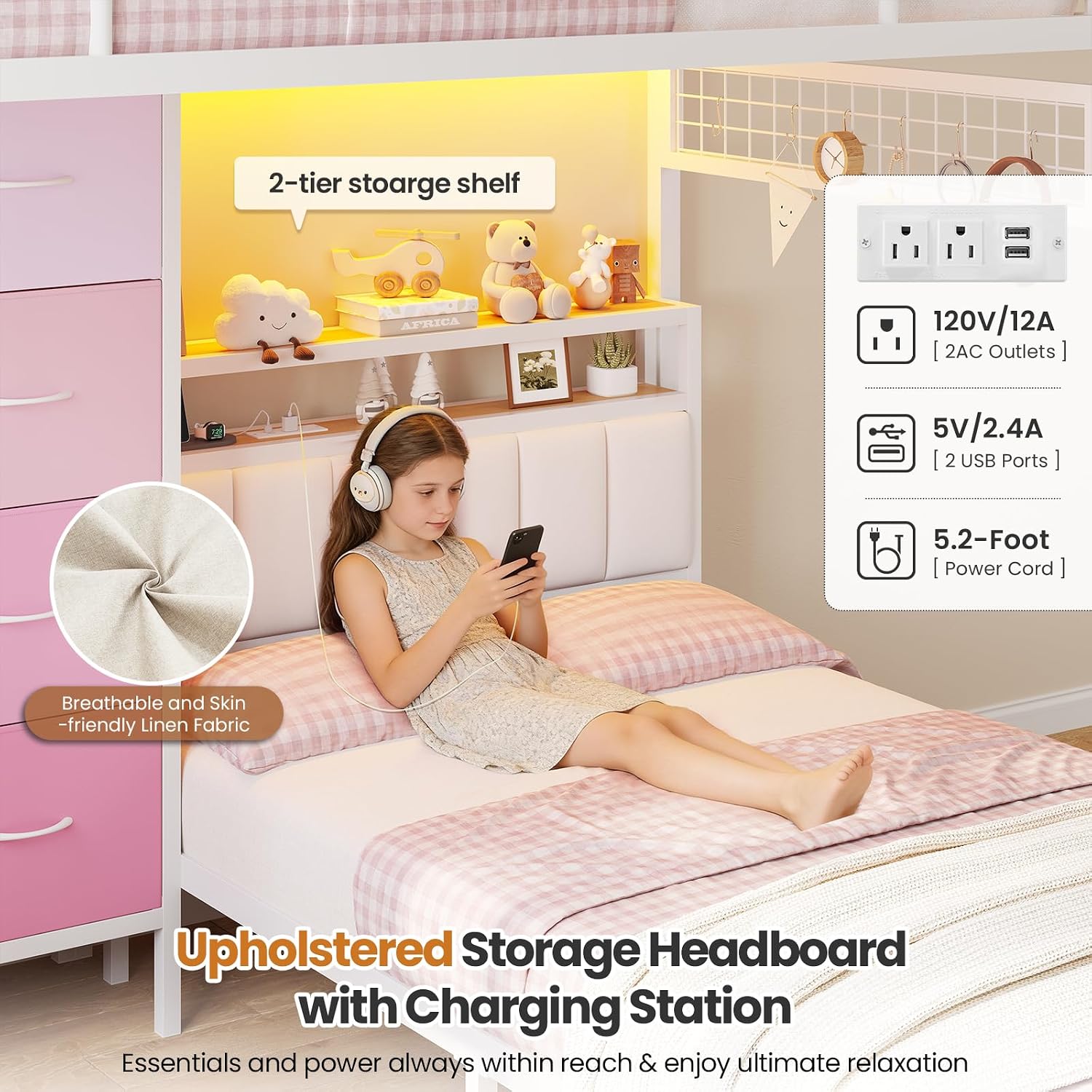 A child using a phone while sitting on the lower bunk, with the upholstered headboard and charging station visible. The charging station features two AC outlets (120V/12A) and two USB ports (5V/2.4A) with a 5.2-foot power cord.