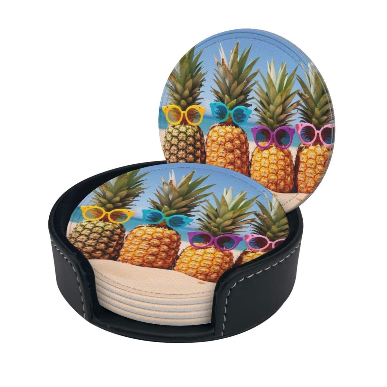 Stylish Coasters - Ocean Beach Pines Set of 6 Round Leather Drink Coasters with Holder - Perfect Size for Cups and Glasses