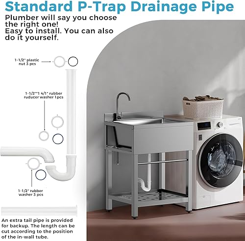 Miniatura 31 de Fregadero utilitario de pie individual fregadero de cocina con tubo de agua fría y caliente, fregadero de acero inoxidable para lavandería, baño