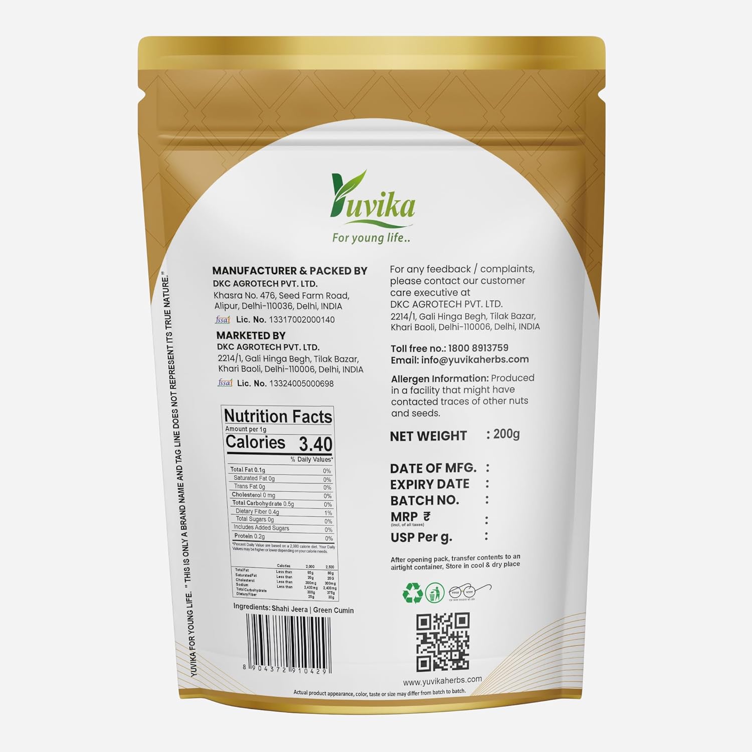 YUVIKA Shahi Jeera | Jeera Kala Asli - Green Cumin (200 Grams)