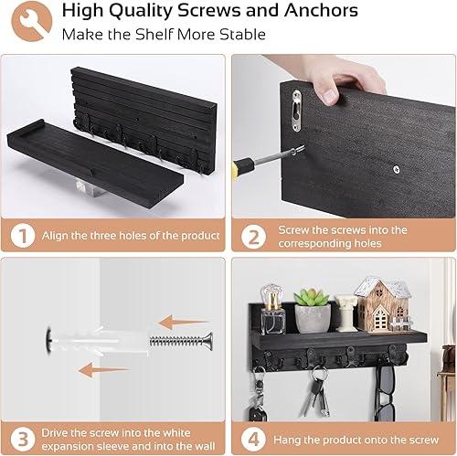 Miniatura 10 de Estante decorativo para colgar llaves con 4 ganchos dobles, fácil de instalar, soporte de madera natural para llaves y correo para montaje en pared,