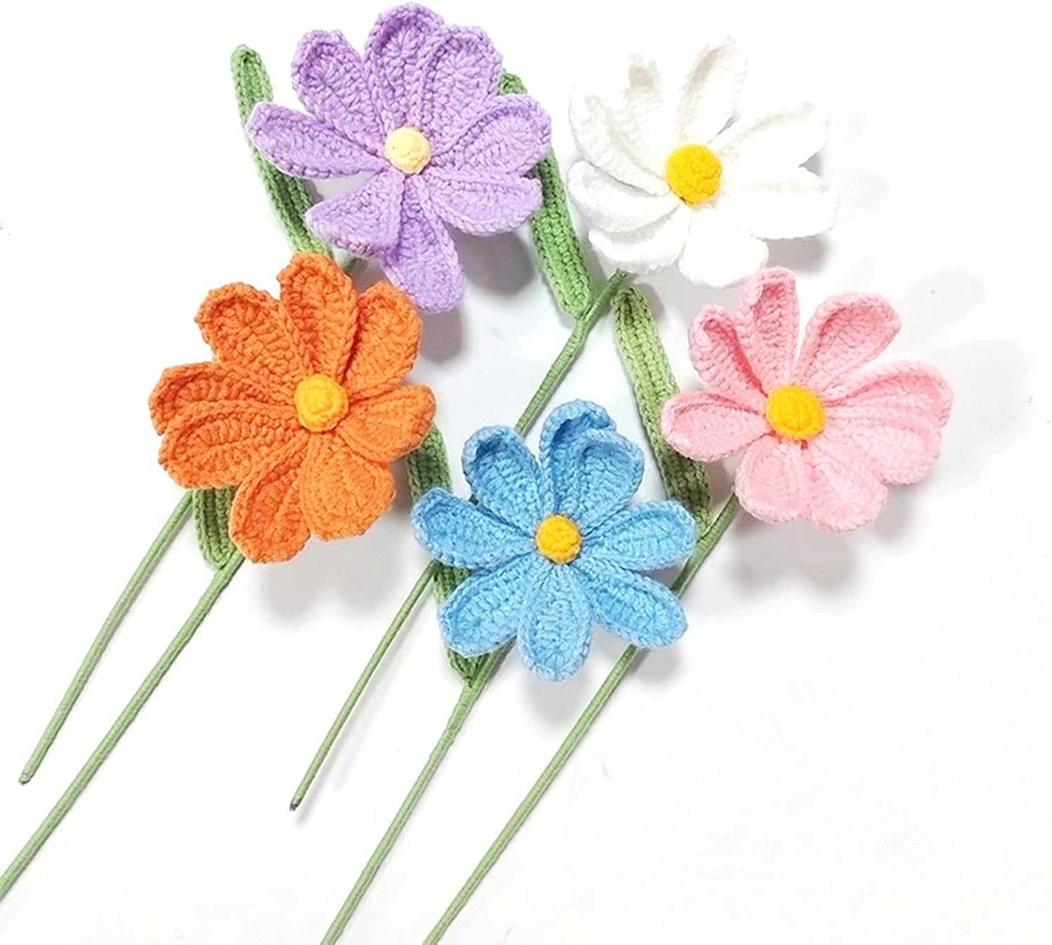 Emivery Crochet Flowers, 6Pcs Knitted Daisy Artificial Flowers Handmade Crochet Flower Bouquet Fake Daisies Centerpieces for Home Room Office Table Decor