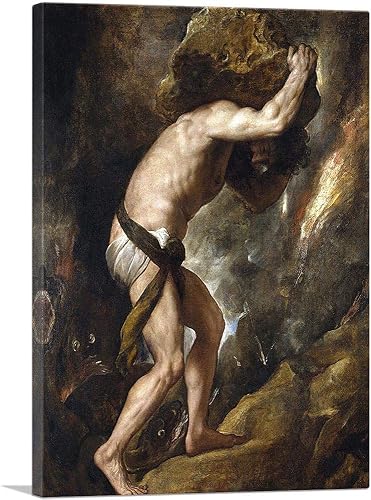 ARTCANVAS Lienzo decorativo de Sísifo, pintura enmarcada estirada, póster giclée, decoración de pared por Tiziano Vecelli, 18 x 12 pulgadas (0.75