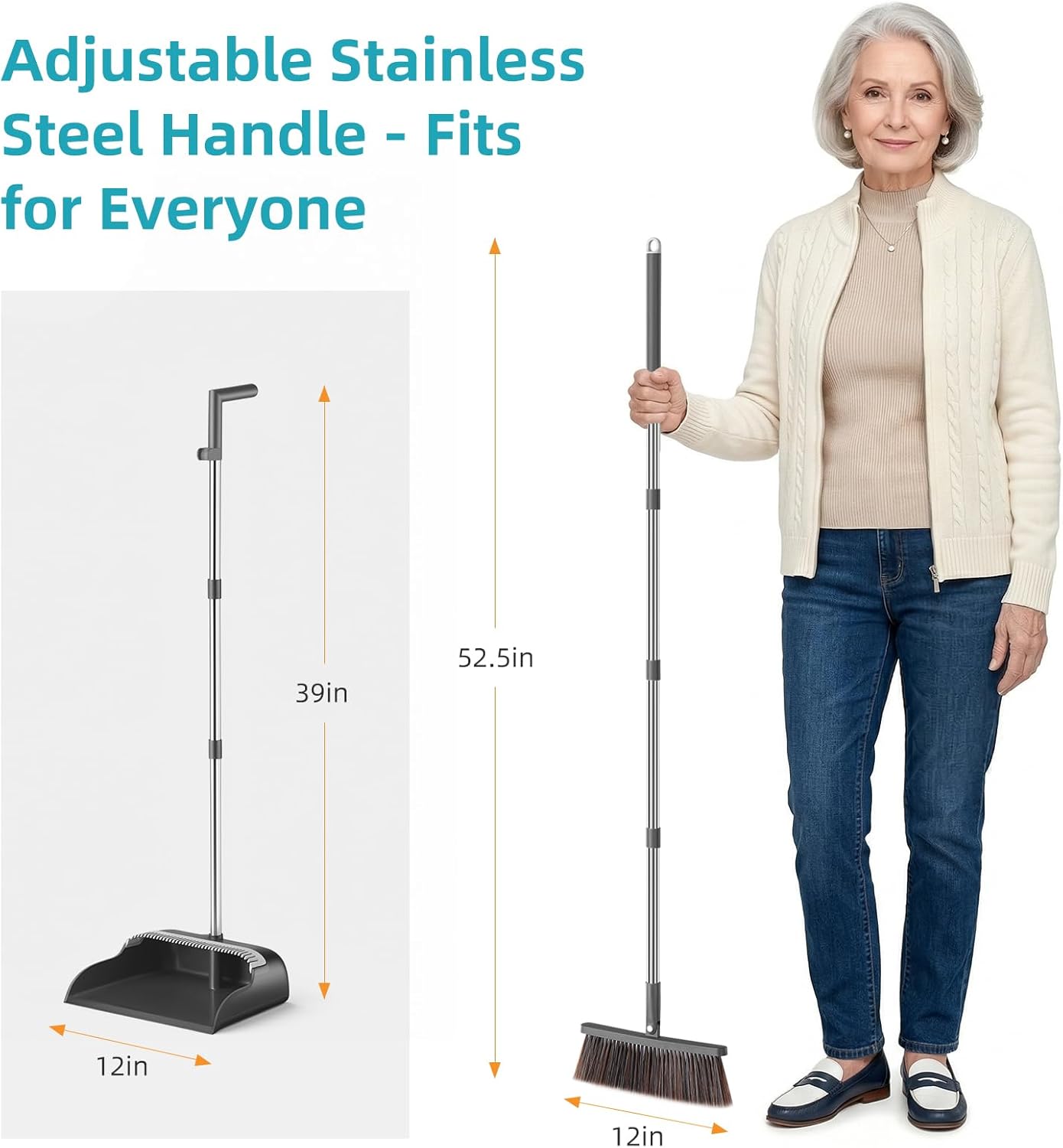 MOPALL Broom with Dustpan Combo Set with 52.5" Extra Long Handle, Self-Cleaning Dustpan Teeth for Dog Cat Pets Hair, 180° Swivel Brooms Head for Sweeping Indoor, Includes 2 Broom Heads